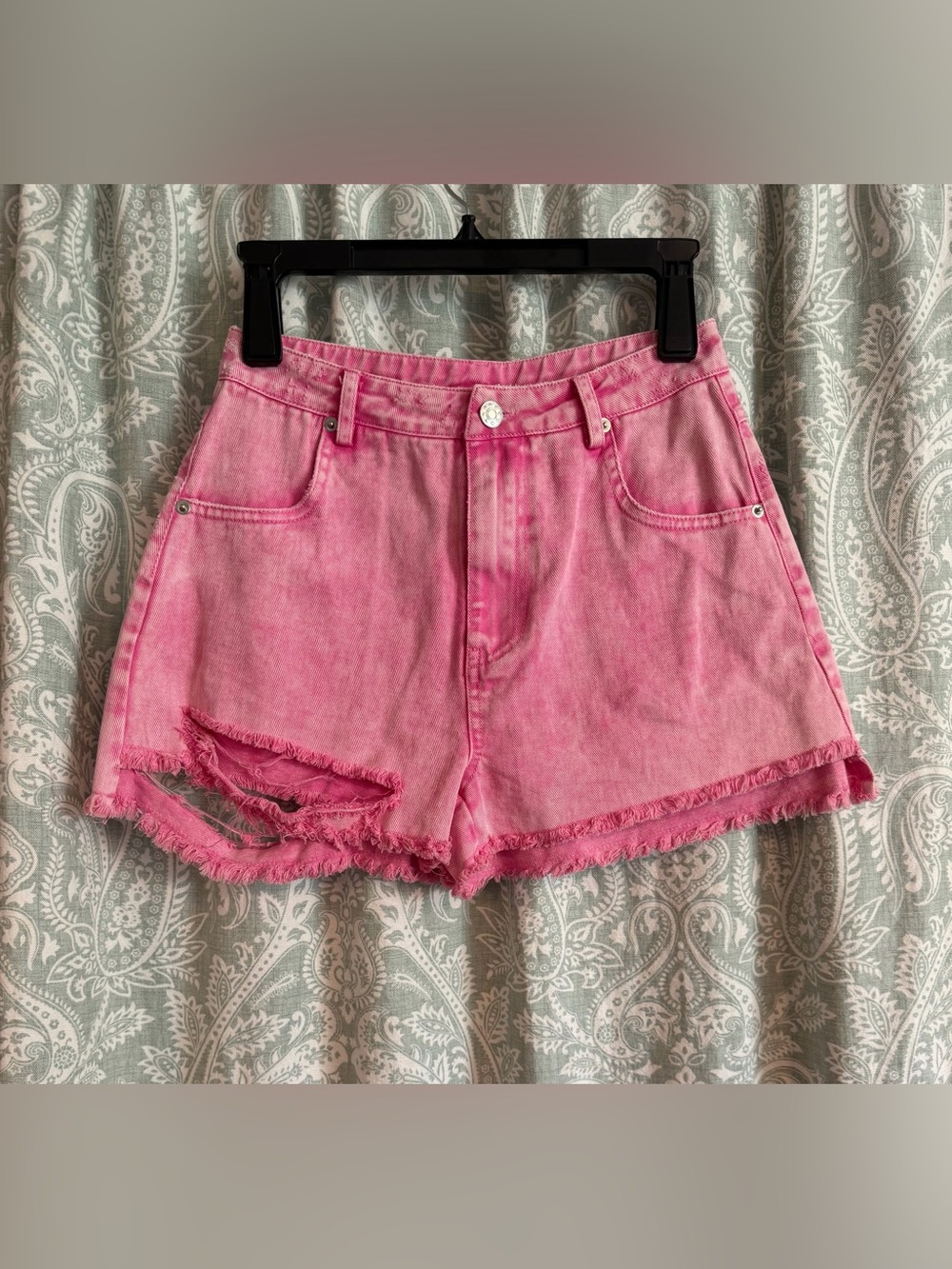 Mustard Seed Pink High-Rise Distressed Denim Shorts
